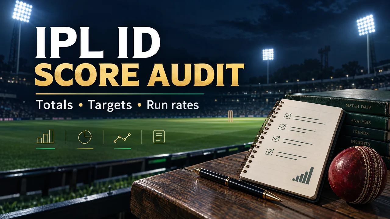 Manual IPL ID score audit worksheet for totals, targets, legal balls and run rates