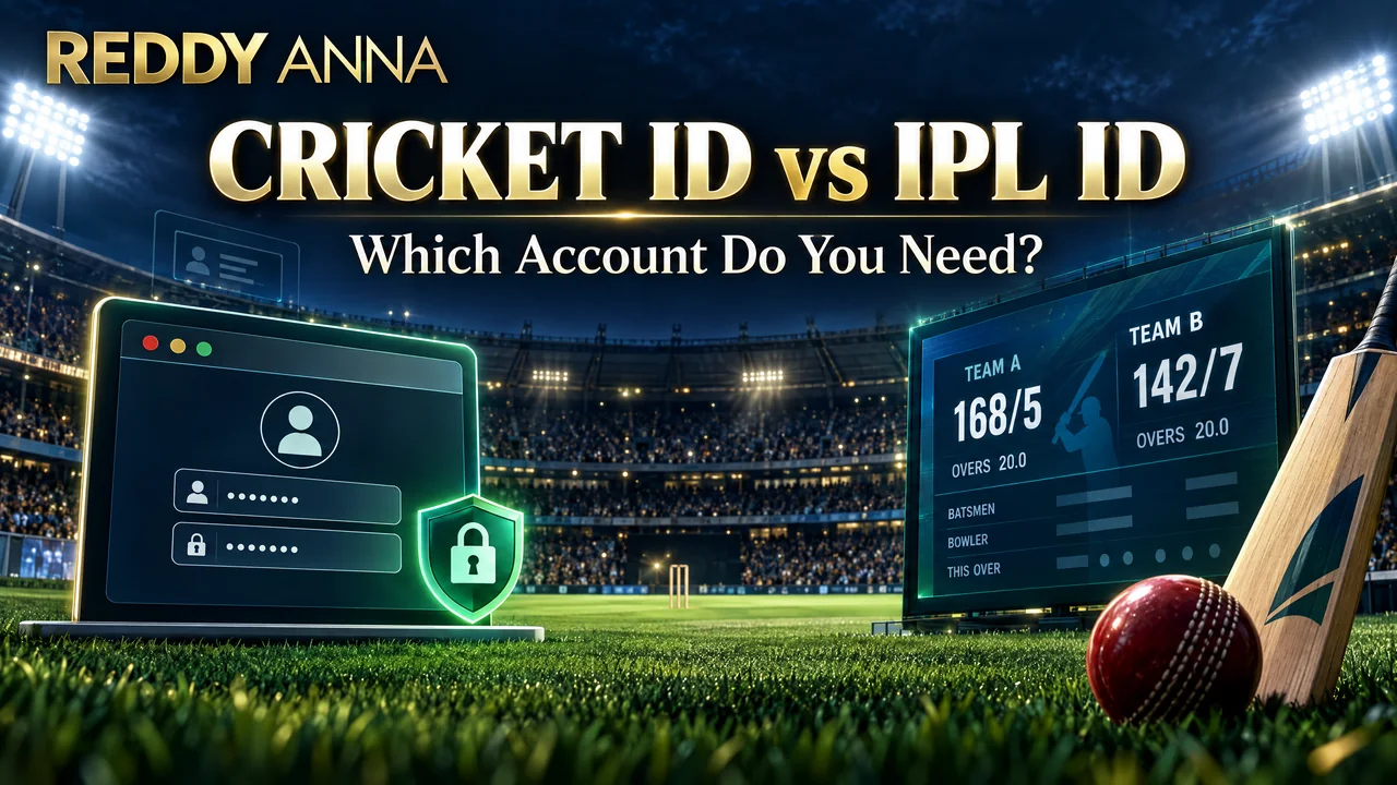Reddy Anna Cricket ID vs IPL ID comparison banner in a floodlit cricket stadium