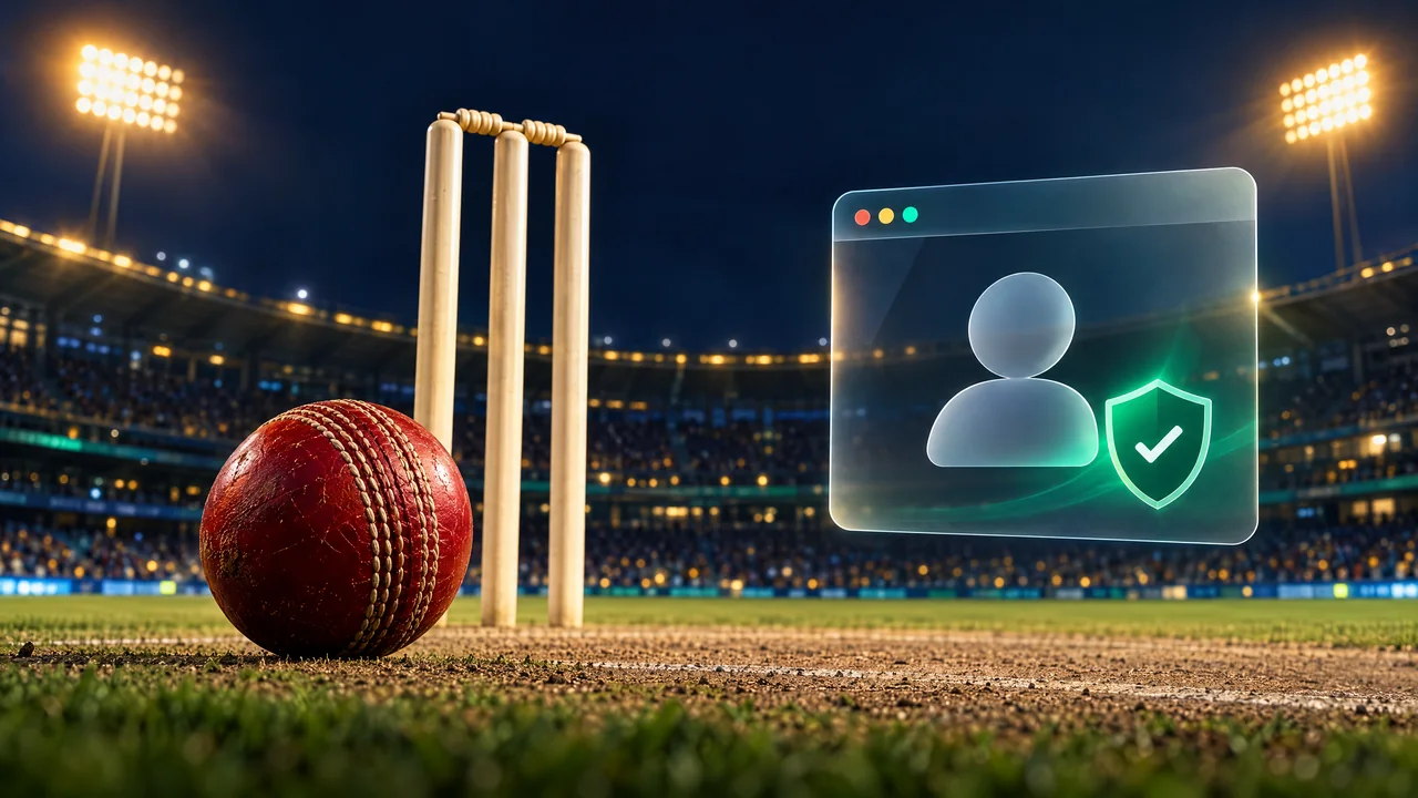 Cricket ball and stumps beside an abstract website-account card in a floodlit stadium
