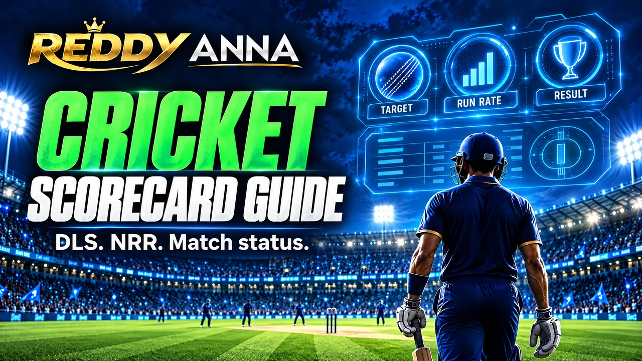 Cricket scorecard showing innings totals, revised target and match status