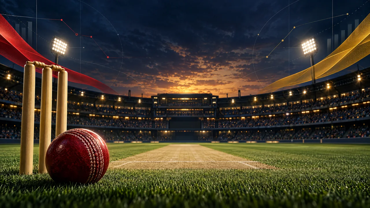 Conceptual cricket stadium at dusk with a red ball, stumps and abstract analysis lines, not a photograph of the IPL 2025 final