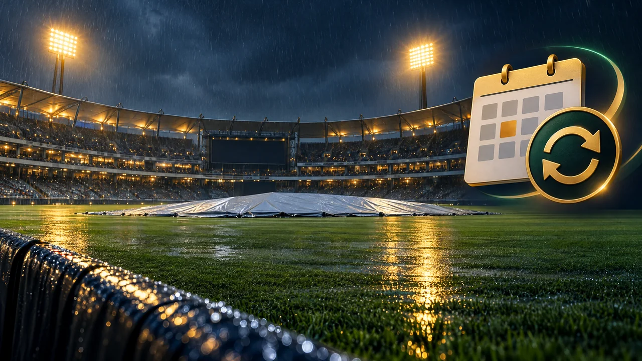 Rain-damp cricket stadium with a covered pitch and abstract calendar and refresh symbols